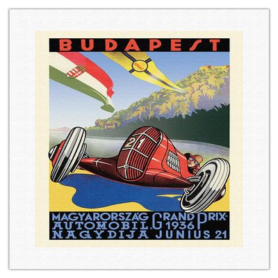 1936 Budapest Grand Prix - Hungary - Vintage Car Racing Poster by Kroly Gerster - Fine Art Rolled Canvas Print 16in x 20in