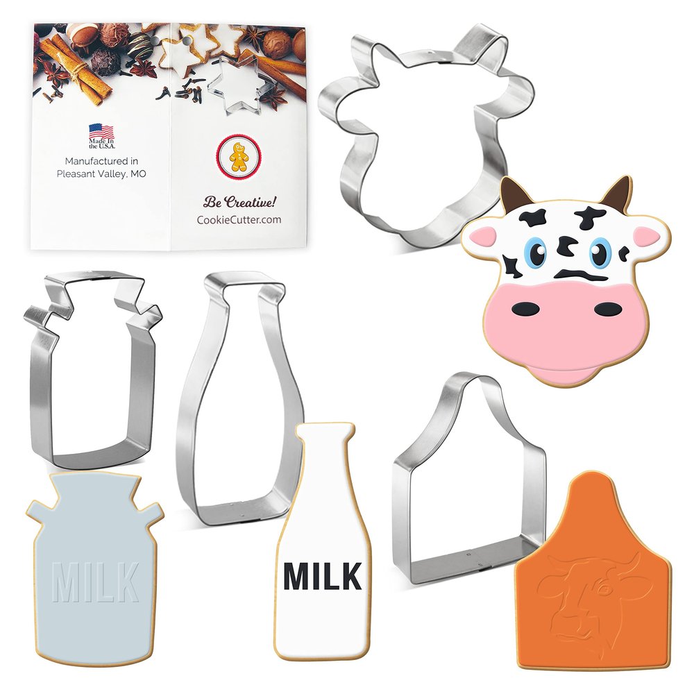 Dairy Farm Cow Cookie Cutter 4 Pc Set  Cow Face, Milk Bottle, Ear Tag, Milk Jug Cookie Cutters and Cookie Recipe Card Hand Made in the USA from Tin Plated Steel