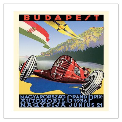 1936 Budapest Grand Prix - Hungary - Vintage Car Racing Poster by Kroly Gerster - Bamboo Fine Art 290gsm Paper Print (Unframed) 24x32in