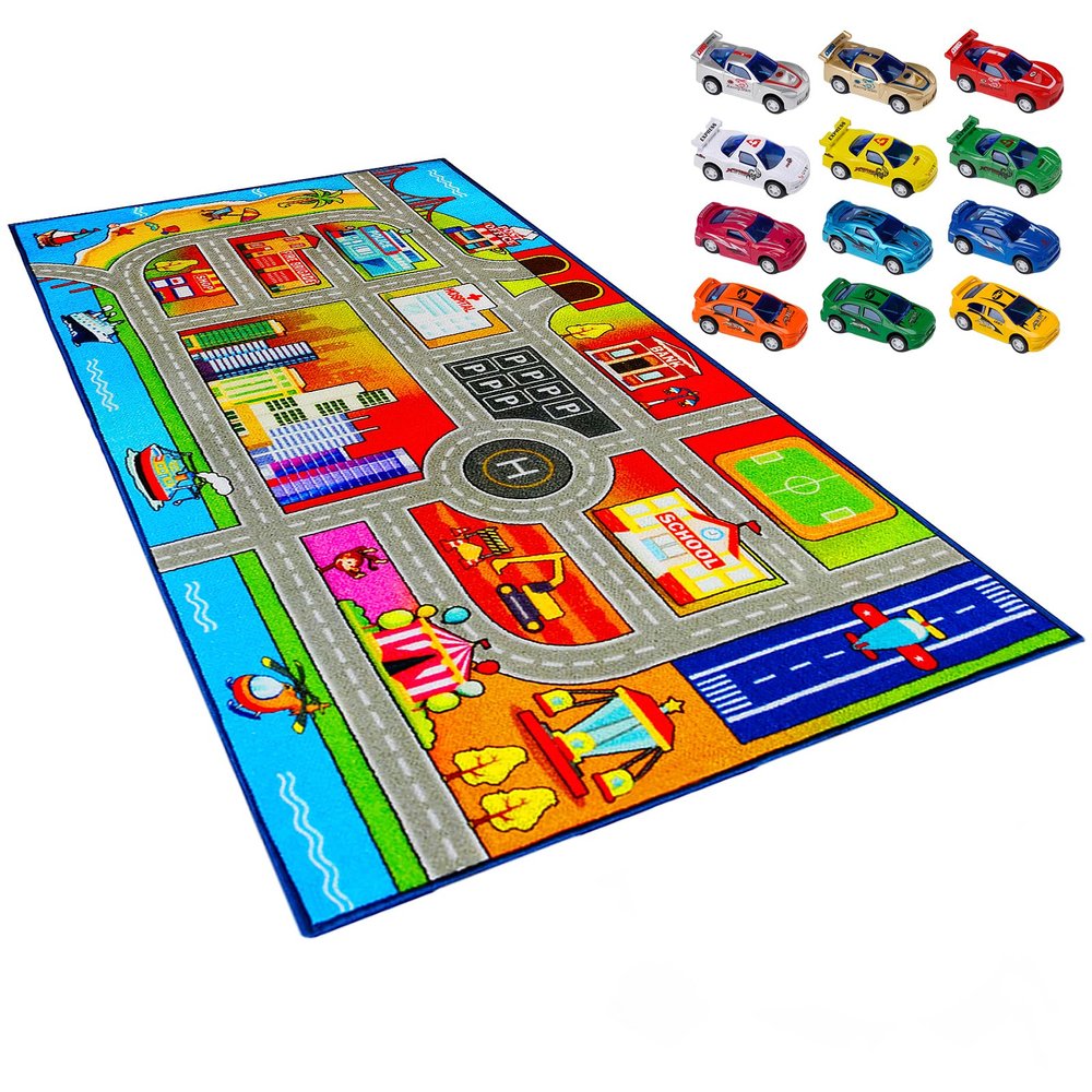 Booooom Jackson Kids Carpet Playmat with 12 Toy Cars for Age 3+ Colorful Non Slip City Rug for Kids Track Play Mat Playroom Bedroom Classroom Nursery
