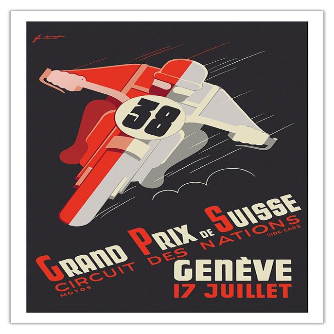 1938 Swiss Grand Prix - Circuit of Nations - Vintage Motorcycle Poster by Nol Fontanet - Fine Art Matte Paper Print (Unframed) 30x44in