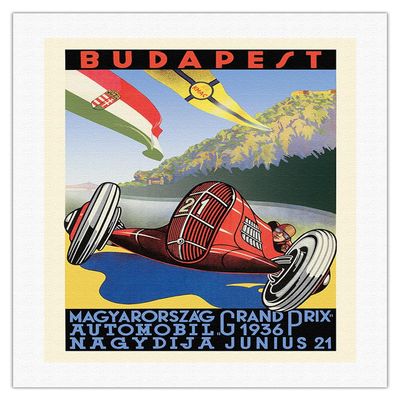 1936 Budapest Grand Prix - Hungary - Vintage Car Racing Poster by Kroly Gerster - Fine Art Rolled Canvas Print 20in x 26in