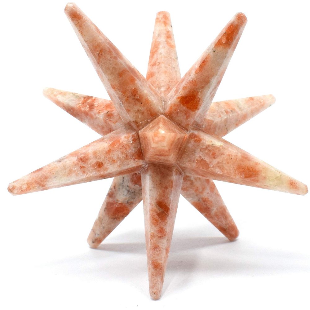 3.3" Sunstone 12 Point Star Handcrafed Natural Sparkling Orange Heliolite Feldspar Gemstone Crystal Mineral Specimen - India + One Polished Clear Quartz Cabochon