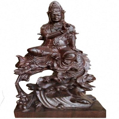12" Natural Ebony Black Wood Carving Kwan Yin Goddess Dragon Fish Statue