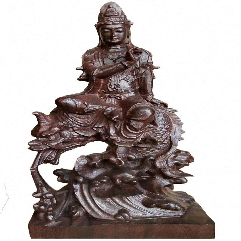 12" Natural Ebony Black Wood Carving Kwan Yin Goddess Dragon Fish Statue