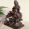 12" Natural Ebony Black Wood Carving Kwan Yin Goddess Dragon Fish Statue view 2
