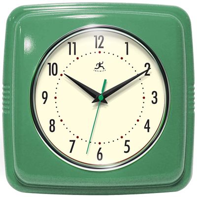 Infinity Instruments Square Silent Retro 9 inch Mid Century Modern Kitchen Diner Retro Wall Clock Quartz Sweep Movement (Green)