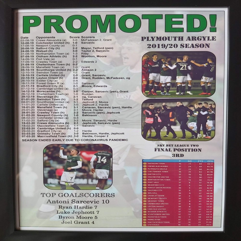 Plymouth Argyle League Two promoted 2020 - framed print
