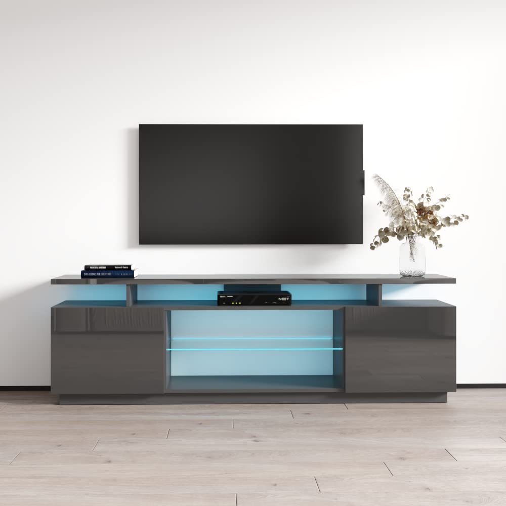 Eva K TV Stand with Matte Glossy Finish - Modern High Gloss Console with Storage Cabinets and LED Lights - Up to 80" - Grey