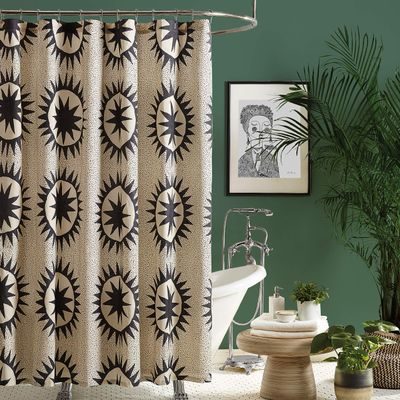 Soleil Cotton Fabric Shower Curtain by Jungalow, Machine Washable, 72" x 72", Black/Cream