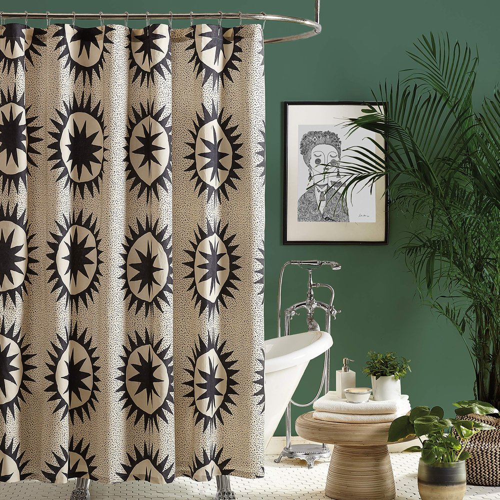Soleil Cotton Fabric Shower Curtain by Jungalow, Machine Washable, 72" x 72", Black/Cream