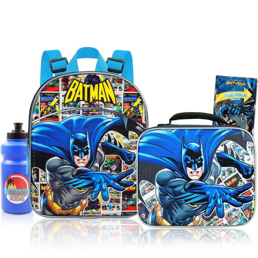 Batman Backpack with Lunch Box Set - Deluxe 11" Batman Preschool Bag and Lunch Bag, Plus More | Caped Crusader Toddler School Supplies