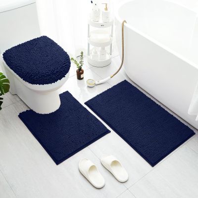 BYSURE Navy Blue Bathroom Rugs Sets 3 Piece with Toilet Lid Cover Non Slip Extra Absorbent Plush Chenille Soft Washable Bath Mats