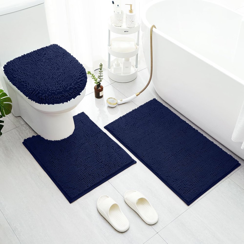 BYSURE Navy Blue Bathroom Rugs Sets 3 Piece with Toilet Lid Cover Non Slip Extra Absorbent Plush Chenille Soft Washable Bath Mats