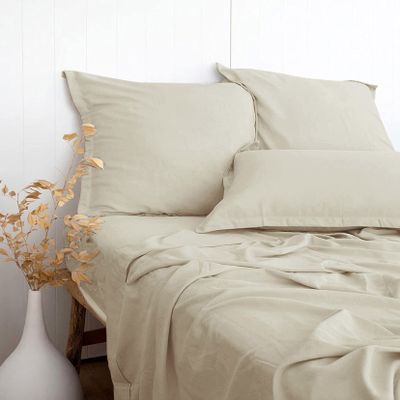 PANDATEX Beige Linen-Textured Bed Sheets Set, Bamboo Rayon, Cotton, Linen Blend Bed Sheets King Size, Soft Cool & Breathable for Hot Sleepers,Durable Natural Organic Bed 15'' Deep Pocket - 4 Piece