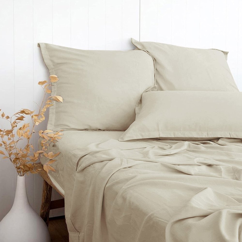 PANDATEX Beige Linen-Textured Bed Sheets Set, Bamboo Rayon, Cotton, Linen Blend Bed Sheets King Size, Soft Cool & Breathable for Hot Sleepers,Durable Natural Organic Bed 15'' Deep Pocket - 4 Piece