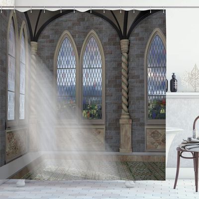 Ambesonne Fantasy Shower Curtain, Crepuscular Rays Streaming Through Stained Glass Window Palace Castle, Cloth Fabric Bathroom Decor Set with Hooks, 69" W x 70" L, Grey Cream White