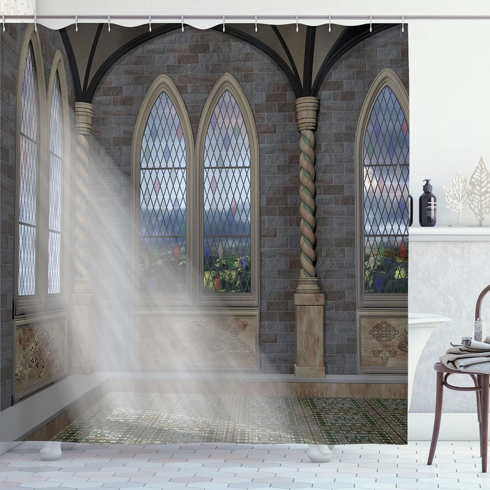 Ambesonne Fantasy Shower Curtain, Crepuscular Rays Streaming Through Stained Glass Window Palace Castle, Cloth Fabric Bathroom Decor Set with Hooks, 69" W x 70" L, Grey Cream White