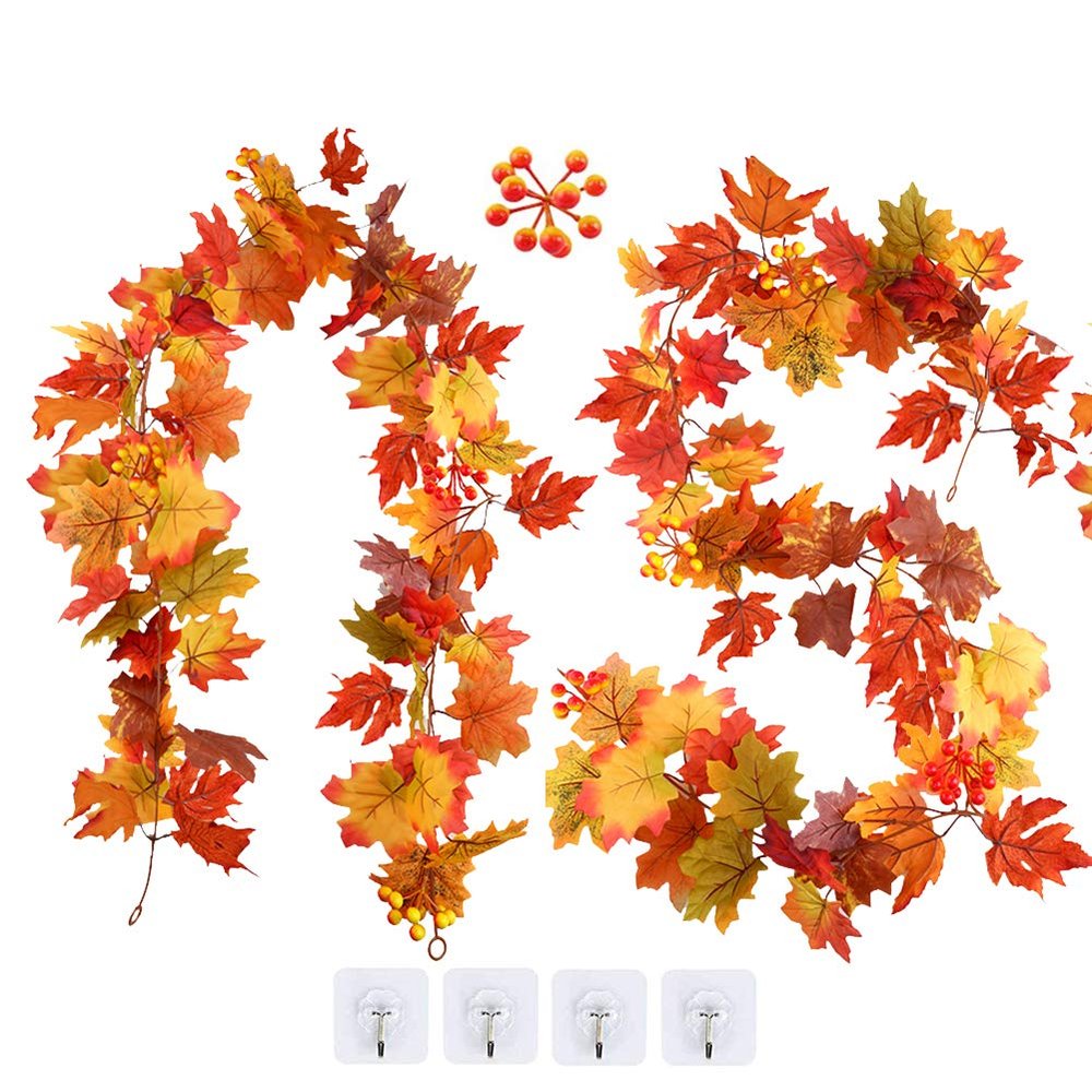 2 Pack Artificial Maple Leaf Garland with Fruits, 5.9ft Fall Leaves Hanging Vine for Wall Doorway Backdrop Fireplace Wedding Party Decorations