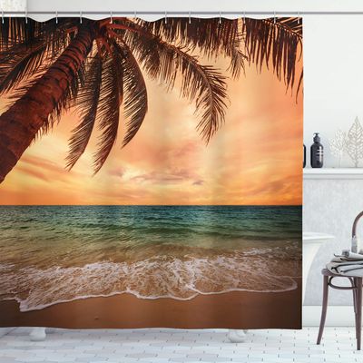 Ambesonne Tropical Shower Curtain, Seascape Scenery with Ocean Beach Palm Tree and Sunset Sky in Soft Tones, Cloth Fabric Bathroom Decor Set with Hooks, 69" W x 75" L, Burnt Sienna Brown