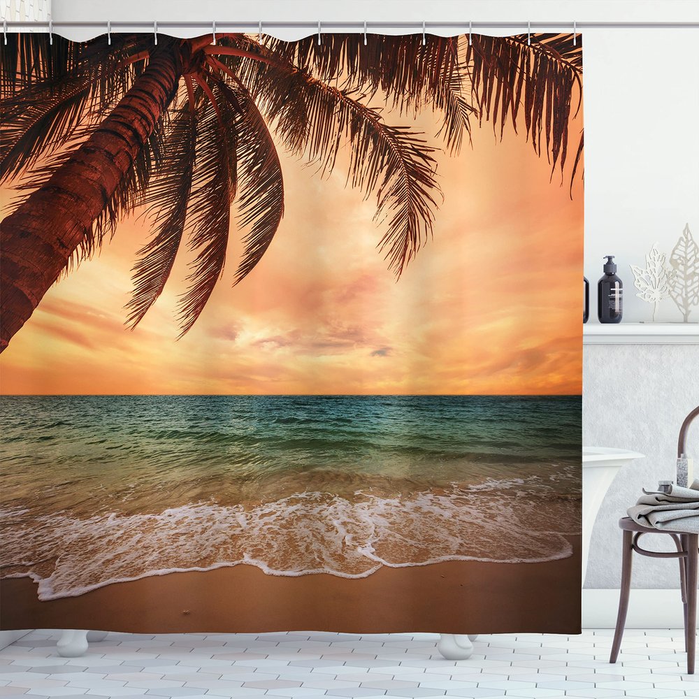 Ambesonne Tropical Shower Curtain, Seascape Scenery with Ocean Beach Palm Tree and Sunset Sky in Soft Tones, Cloth Fabric Bathroom Decor Set with Hooks, 69" W x 75" L, Burnt Sienna Brown