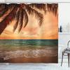 Ambesonne Tropical Shower Curtain, Seascape Scenery with Ocean Beach Palm Tree and Sunset Sky in Soft Tones, Cloth Fabric Bathroom Decor Set with Hooks, 69" W x 75" L, Burnt Sienna Brown view 1
