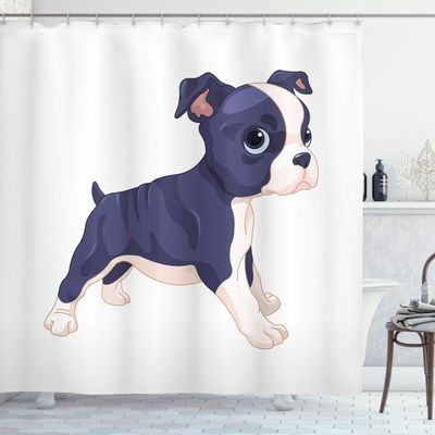 Ambesonne Boston Terrier Shower Curtain, Cartoon of a Puppy Cheerful Playful Animal Friend Composition, Cloth Fabric Bathroom Decor Set with Hooks, 69" W x 84" L, Dark Indigo White