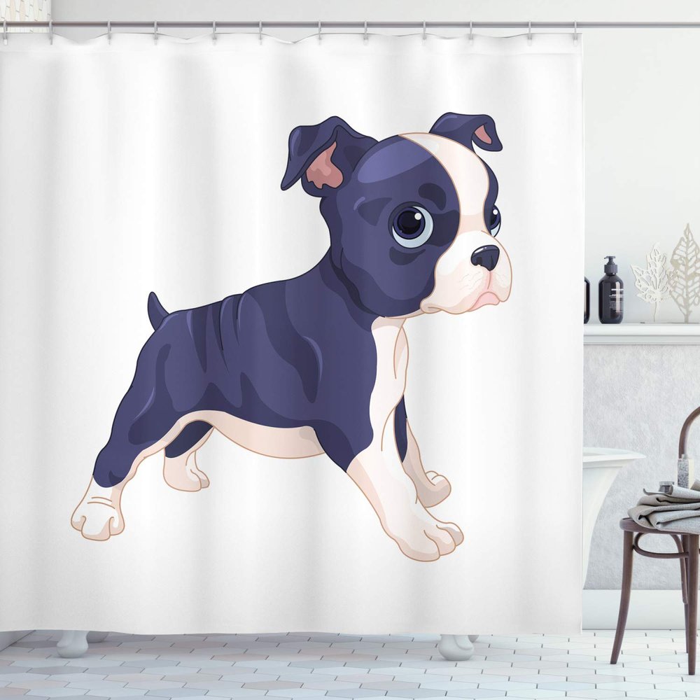 Ambesonne Boston Terrier Shower Curtain, Cartoon of a Puppy Cheerful Playful Animal Friend Composition, Cloth Fabric Bathroom Decor Set with Hooks, 69" W x 84" L, Dark Indigo White