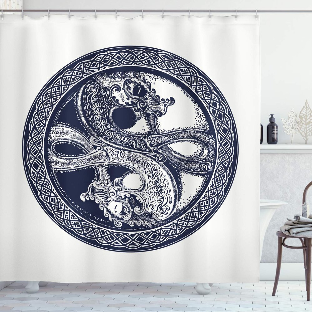 Ambesonne Celtic Dragon Shower Curtain, Mystic Yin Yang Creatures in Round Frame, Cloth Fabric Bathroom Decor Set with Hooks, 69" W x 84" L, Violet Blue Off White