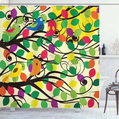 Ambesonne Birds Shower Curtain, Cheerful Happy Birds Singing on Lively Tree Branches with Colorful Spring Leaves, Cloth Fabric Bathroom Decor Set with Hooks, 69" W x 84" L, Eggshell Multicolor