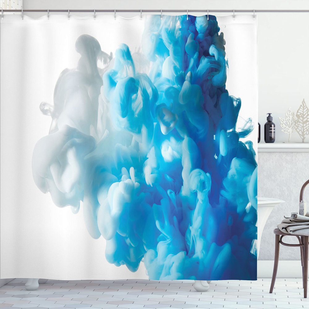 Ambesonne Abstract Shower Curtain, Abstract Illustration Clouds Skyline Smoke Mixed Liquid Flow Movement Art Print, Cloth Fabric Bathroom Decor Set with Hooks, 69" W x 70" L, Blue Ecru