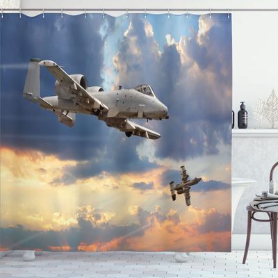 Ambesonne Airplane Shower Curtain, Peacekeepers Mission Jet up International Flight Picture Aviation Theme Image, Cloth Fabric Bathroom Decor Set with Hooks, 69" W x 70" L, Blue Grey
