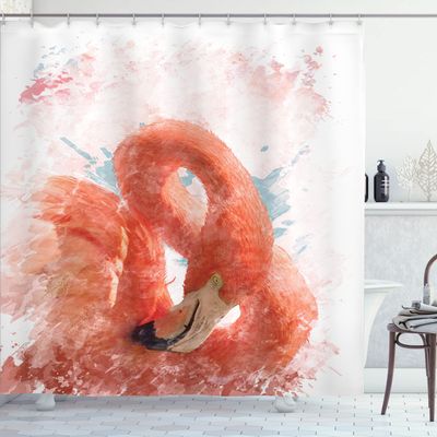 Ambesonne Flamingo Shower Curtain, Flamingo Bird with Feather Nature Art Work Watercolor Paint Effect Print, Cloth Fabric Bathroom Decor Set with Hooks, 69" W x 84" L, Orange White