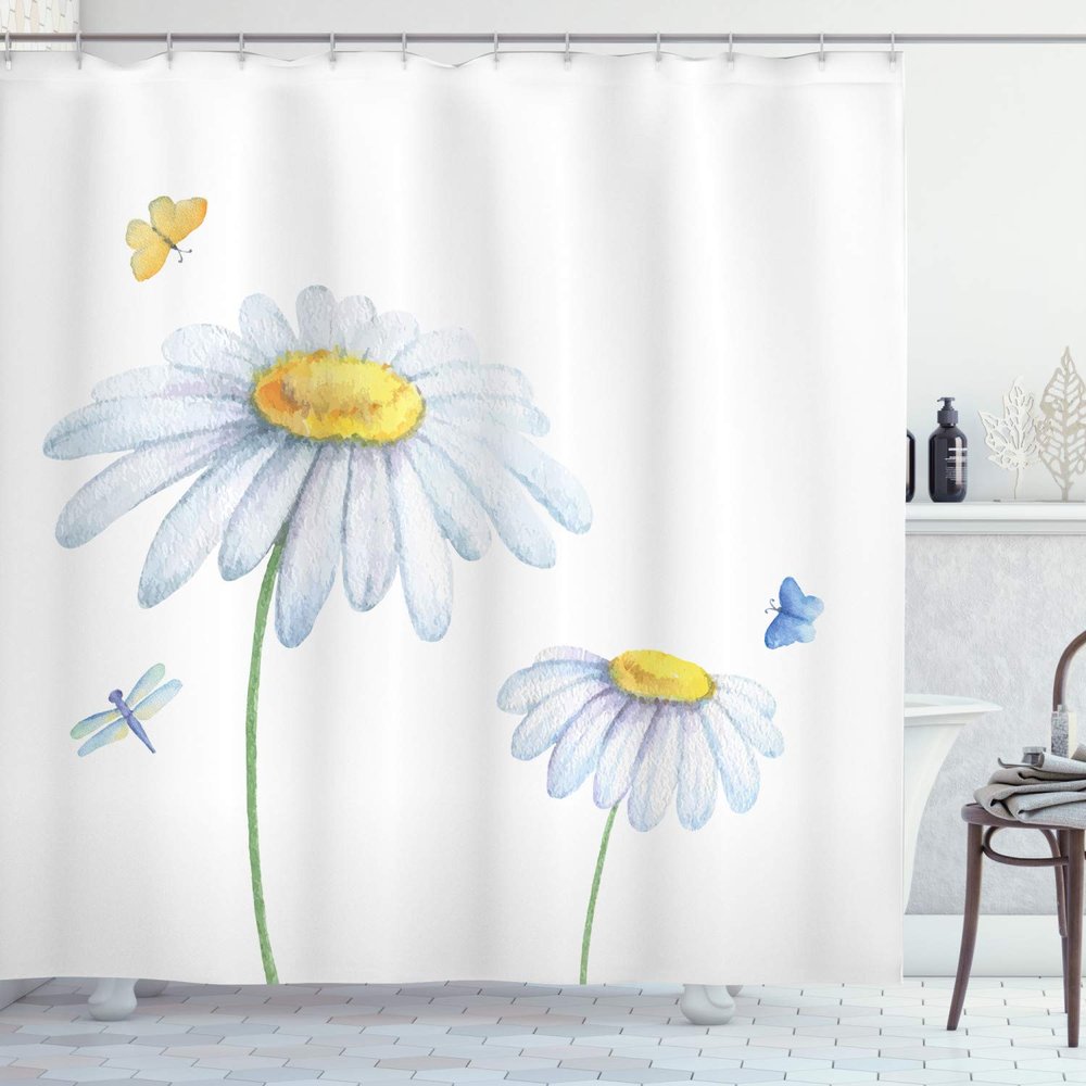 Ambesonne Dragonfly Shower Curtain, Chamomiles Moths Dragonflies Refreshing Nature Template Soft Colors Art, Cloth Fabric Bathroom Decor Set with Hooks, 69" W x 75" L, Yellow White