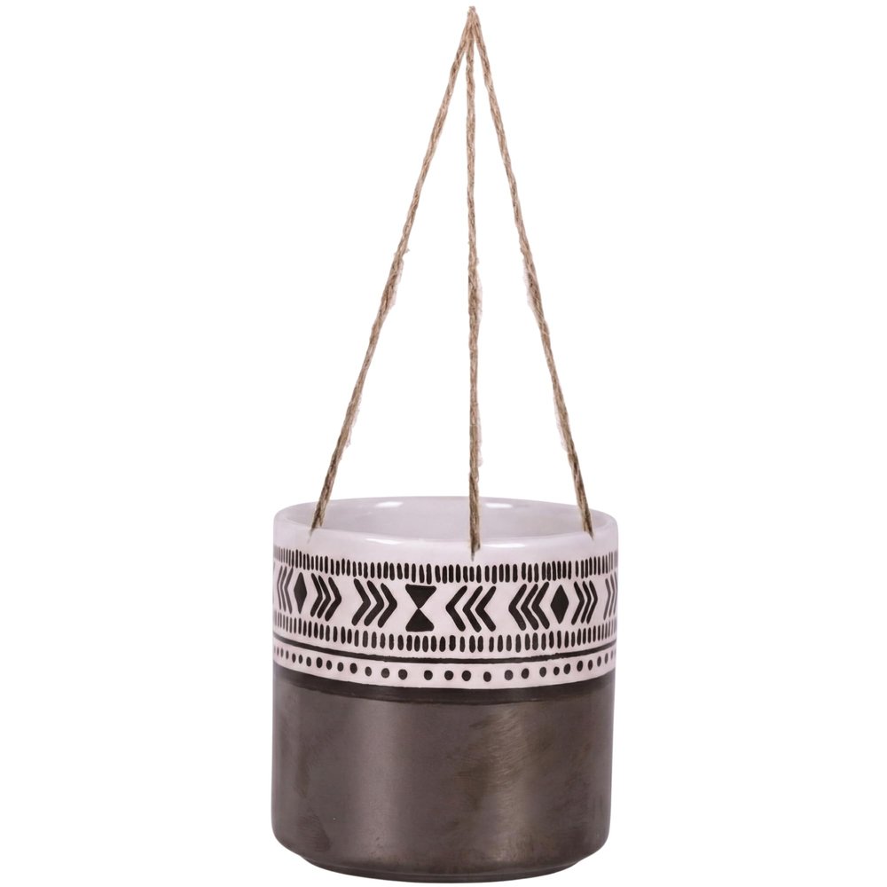 Blue Sky Clayworks Hanging Currumba 5" Flower Pot, Moonlit Folk Pattern Aloft, Indoor, Ceramic Planter