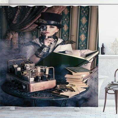 Ambesonne Gothic Shower Curtain, Portrait of Steampunk Woman with Medieval Vintage Outfit Art of Historic Fashion, Cloth Fabric Bathroom Decor Set with Hooks, 69" W x 75" L, Brown Teal