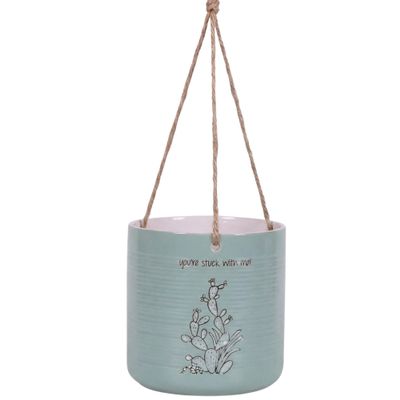 Blue Sky Clayworks Hanging Sanora Cactus Flower Pot, 6" H x 7" Dia, Desert Sketch with A Wink