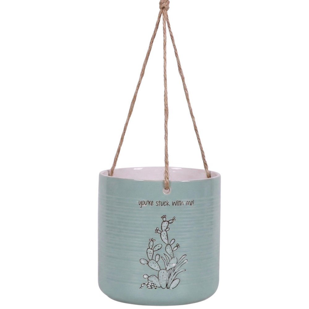Blue Sky Clayworks Hanging Sanora Cactus Flower Pot, 6" H x 7" Dia, Desert Sketch with A Wink