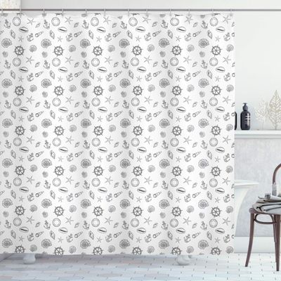 Ambesonne Sea Shells Shower Curtain, Hand Drawn Monochrome Nautical Elements Helm Anchor Starfish Design, Cloth Fabric Bathroom Decor Set with Hooks, 69" W x 84" L, White and Charcoal Grey
