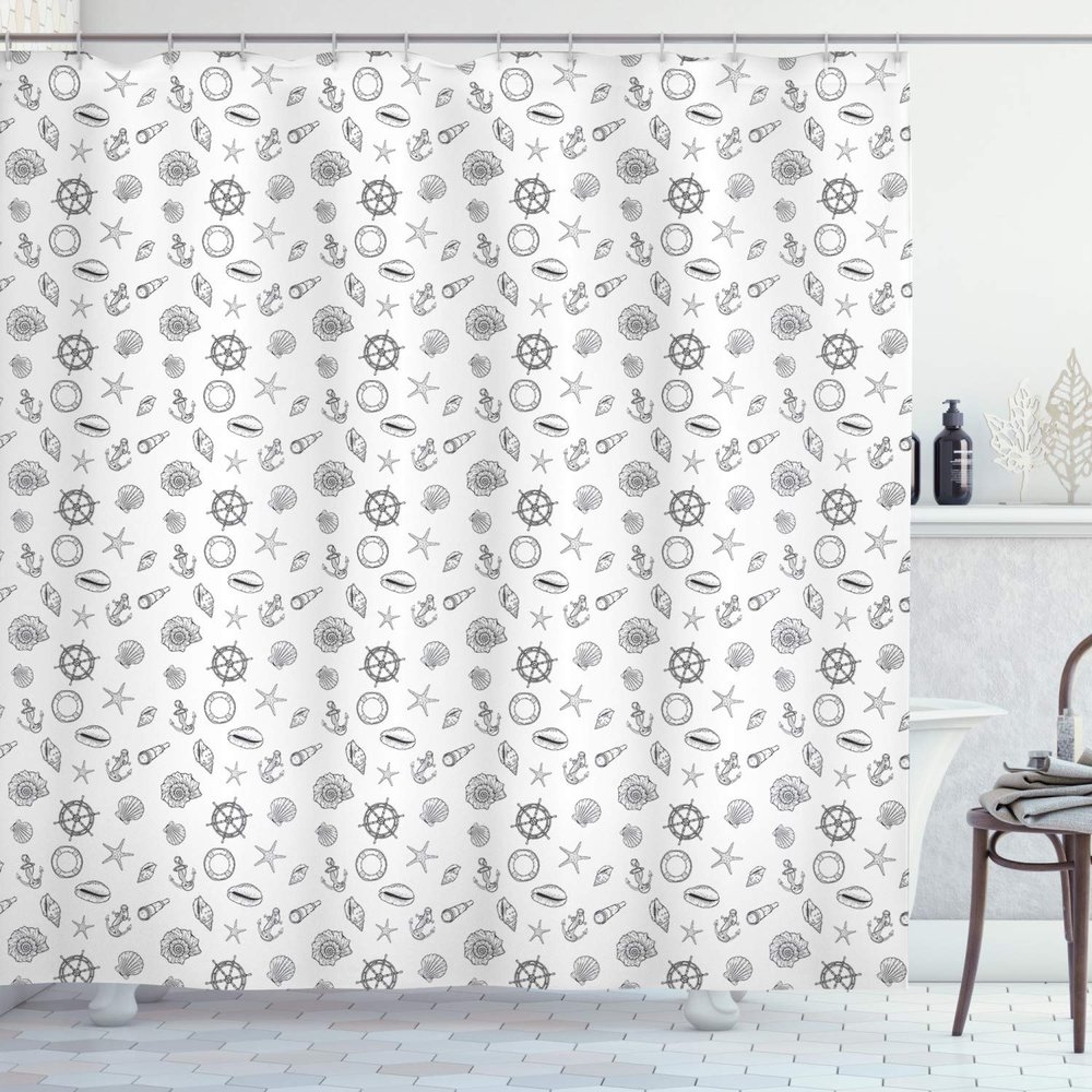 Ambesonne Sea Shells Shower Curtain, Hand Drawn Monochrome Nautical Elements Helm Anchor Starfish Design, Cloth Fabric Bathroom Decor Set with Hooks, 69" W x 84" L, White and Charcoal Grey