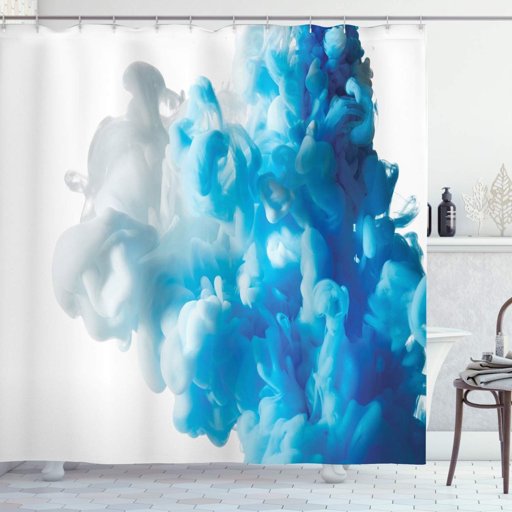 Ambesonne Abstract Shower Curtain, Abstract Illustration Clouds Skyline Smoke Mixed Liquid Flow Movement Art Print, Cloth Fabric Bathroom Decor Set with Hooks, 69" W x 84" L, Blue Ecru