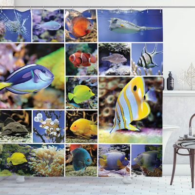 Ambesonne Ocean Shower Curtain, Collage of Underwater Photos with a Group of Tropical Art Fish Oceanic Pattern, Cloth Fabric Bathroom Decor Set with Hooks, 69" W x 70" L, Yellow Blue