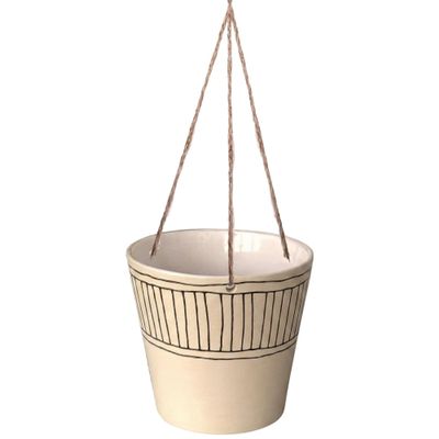 Blue Sky Clayworks Hanging Colby Stripe 6.5'' Flower Pot, Hand-Drawn Lines with Studio Calm