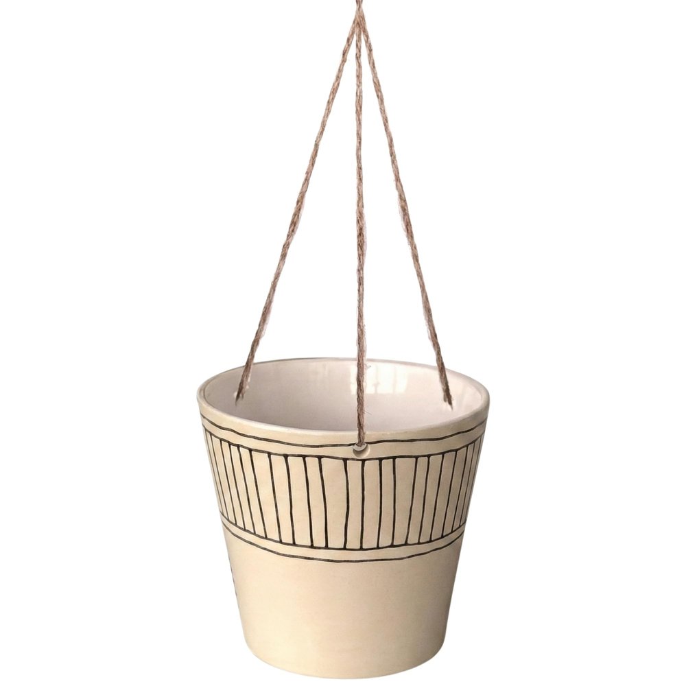 Blue Sky Clayworks Hanging Colby Stripe 6.5'' Flower Pot, Hand-Drawn Lines with Studio Calm