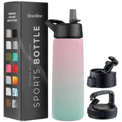 FineDine Water Bottle - Stainless Steel Insulated Water Bottle with Straw Lid, Flip Lid & Wide-Mouth Cap - Keeps Hot and Cold - 25 Oz / 739ml - Dreamy Pink-Green