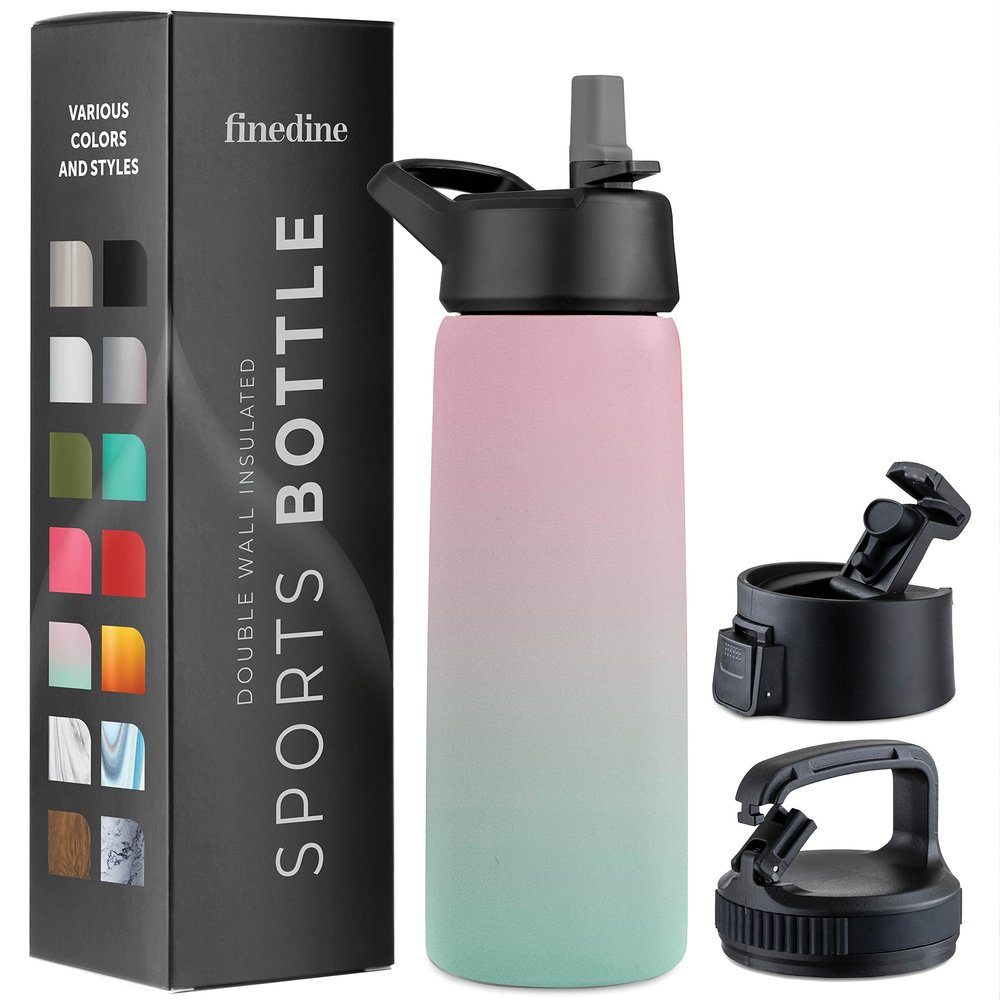 FineDine Water Bottle - Stainless Steel Insulated Water Bottle with Straw Lid, Flip Lid & Wide-Mouth Cap - Keeps Hot and Cold - 25 Oz / 739ml - Dreamy Pink-Green