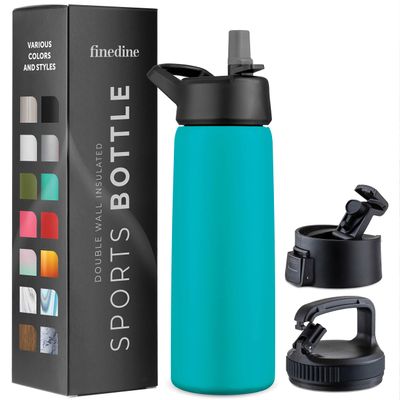 FineDine Water Bottle - Stainless Steel Insulated Water Bottle with Straw Lid, Flip Lid & Wide-Mouth Cap - Keeps Hot and Cold - 25 Oz / 739ml - Cheery Turquoise