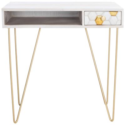 SAFAVIEH Home Office Collection Raveena White Wash and Brass 1-Drawer Hairpin Leg Desk