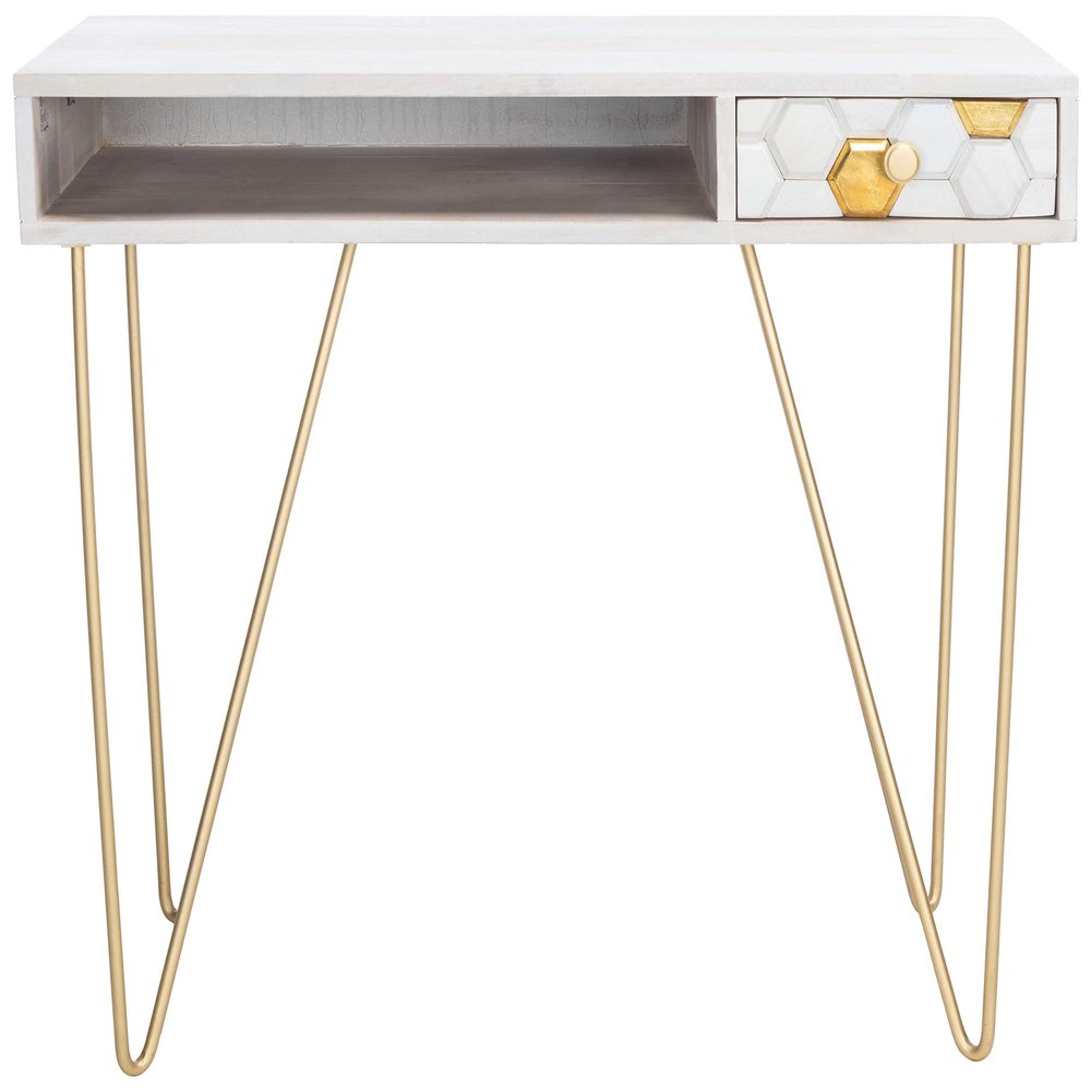 SAFAVIEH Home Office Collection Raveena White Wash and Brass 1-Drawer Hairpin Leg Desk
