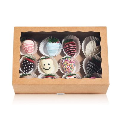 JCXGRVC 24PCS 10 x 7 x 2.5 inches Professional One Piece Strawberries Boxes, Cookies Boxes with With Clear Window for Visibility, Brown Natural Kraft Paper Box